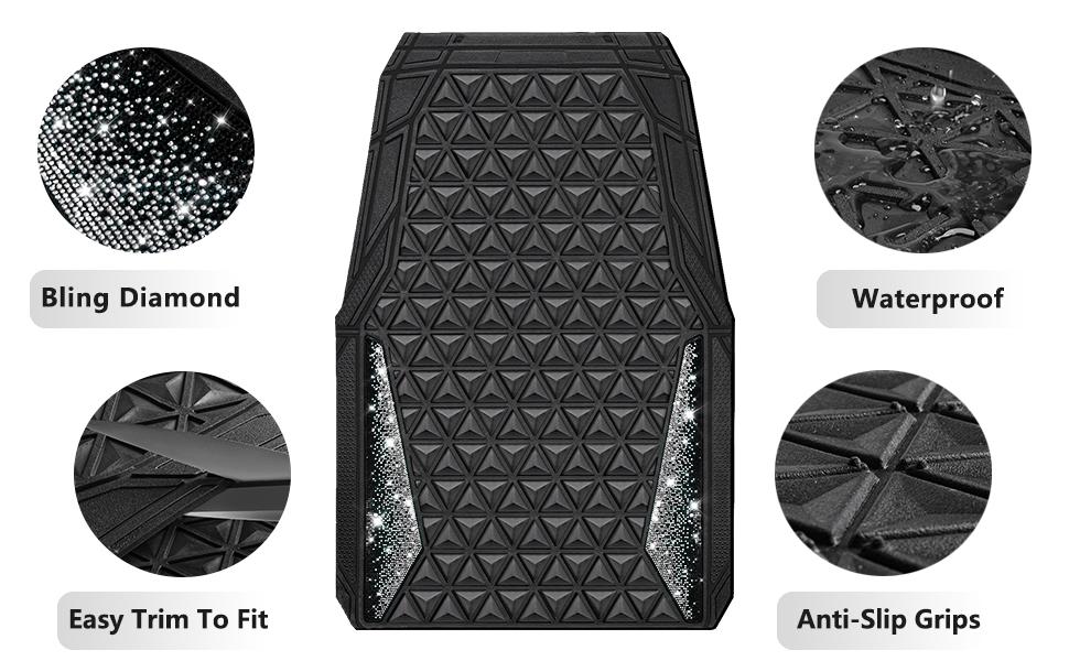 CAR PASS Bling Diamond Rhombus Rubber Leather Car Floor Mats, All-Weather for Car Full Set Durable Anti-Slip, Waterproof Trim Universal Fit,Sedan,SUV,Truck Vehicle Automotive
