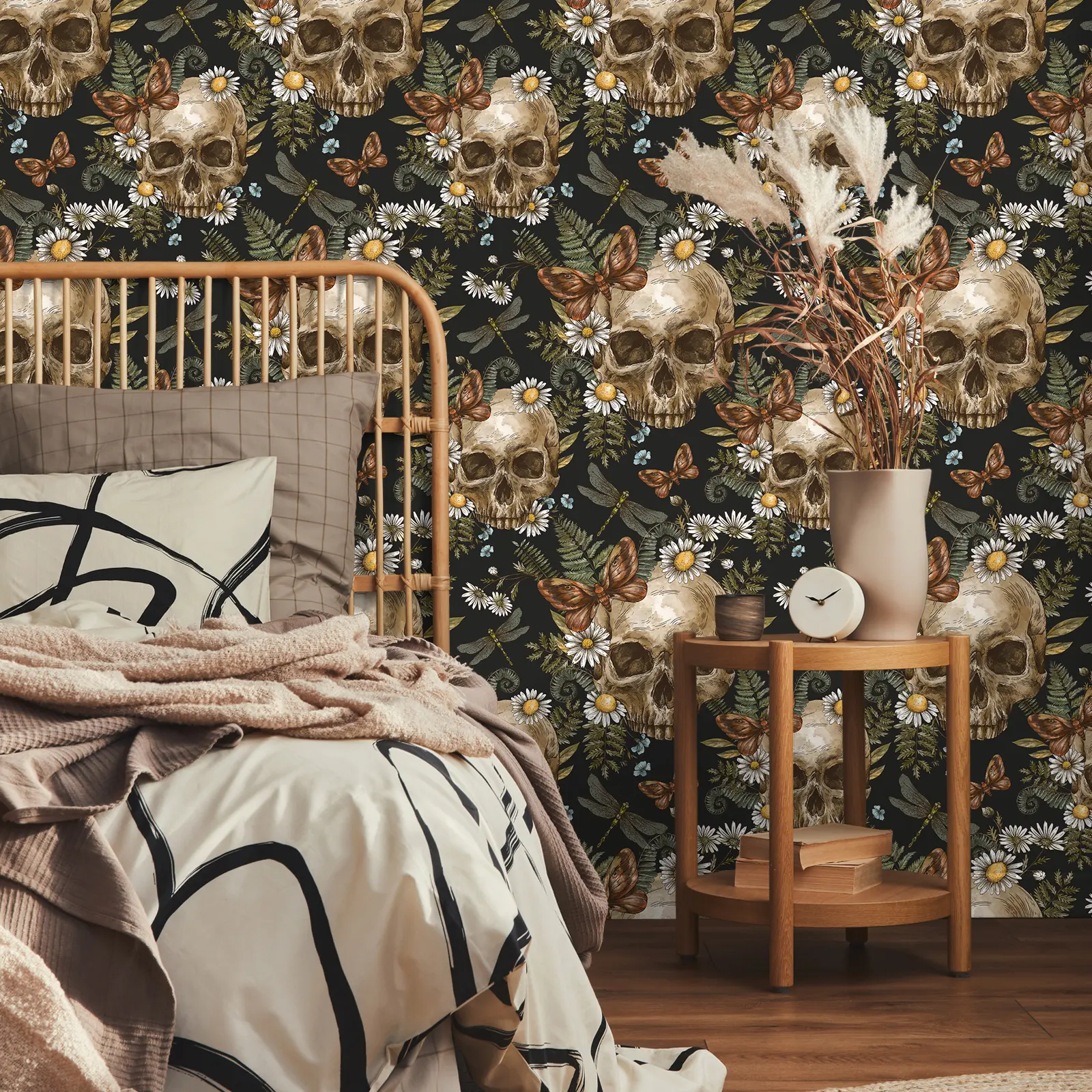 VEELIKE Dark Gothic Skulls Ferns Decorative Wallpaper, Self-Adhesive Peel-and-Stick Removable Mural, Waterproof Drawer Liners Backdrop for Bedroom, 17.7'' × 118'' (45Cm × 3M)) Cabinets Wall Decor, Halloween Aesthetic