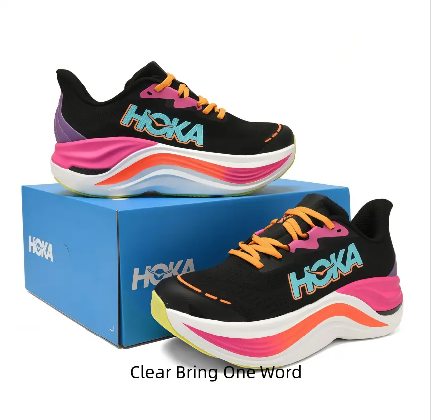 Vibrant performance road running footwear with breathable solid black mesh fabric upper. Shock-absorbing layered pink-orange curved foam midsole, colorful decorative accents, slip-resistant thick outsole for training & daily outdoor walks.