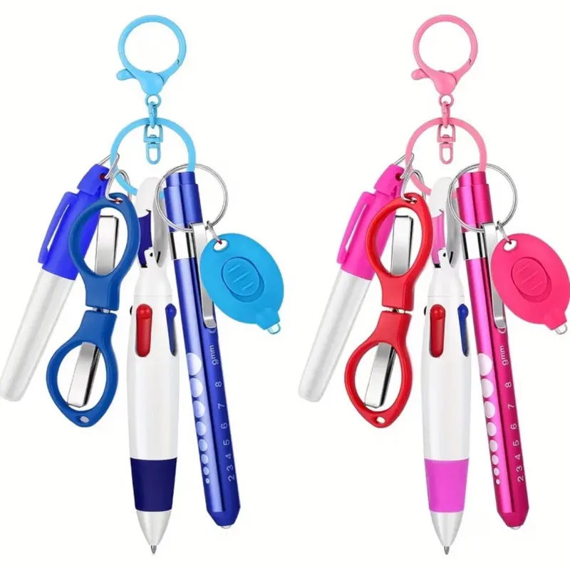 5 Pieces Nurse Set With Pen light Retractable Ballpoint Pen Mini Permanent Marker, for Nurses Badge Keychain Clip Foldable Scissors, Sleek Pen