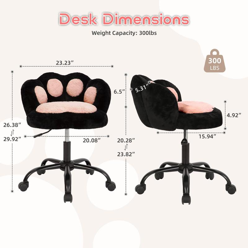 Vanity Chair with Wheels,Cute Cat Paw Office Chair with Back,360°Rotating Height Adjustable Armless Chair in Vibrant Color-Blocking,Small Desk Chair,Plush Cushion for Bedroom,Make-Up Room Home Office