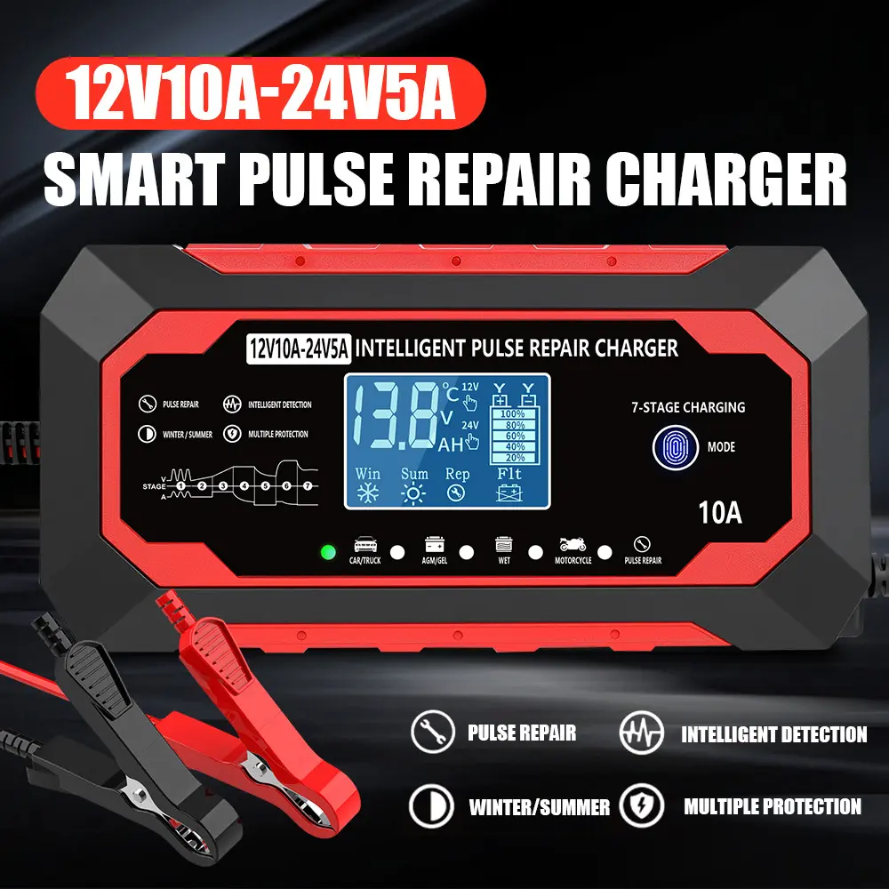 12V 10A-24V 5A Full Auto Fast Car Battery Charger - Intelligent Pulse Repair Replenisher with LCD Screen, Multifunctional for Cars, Trucks, Marine Batteries