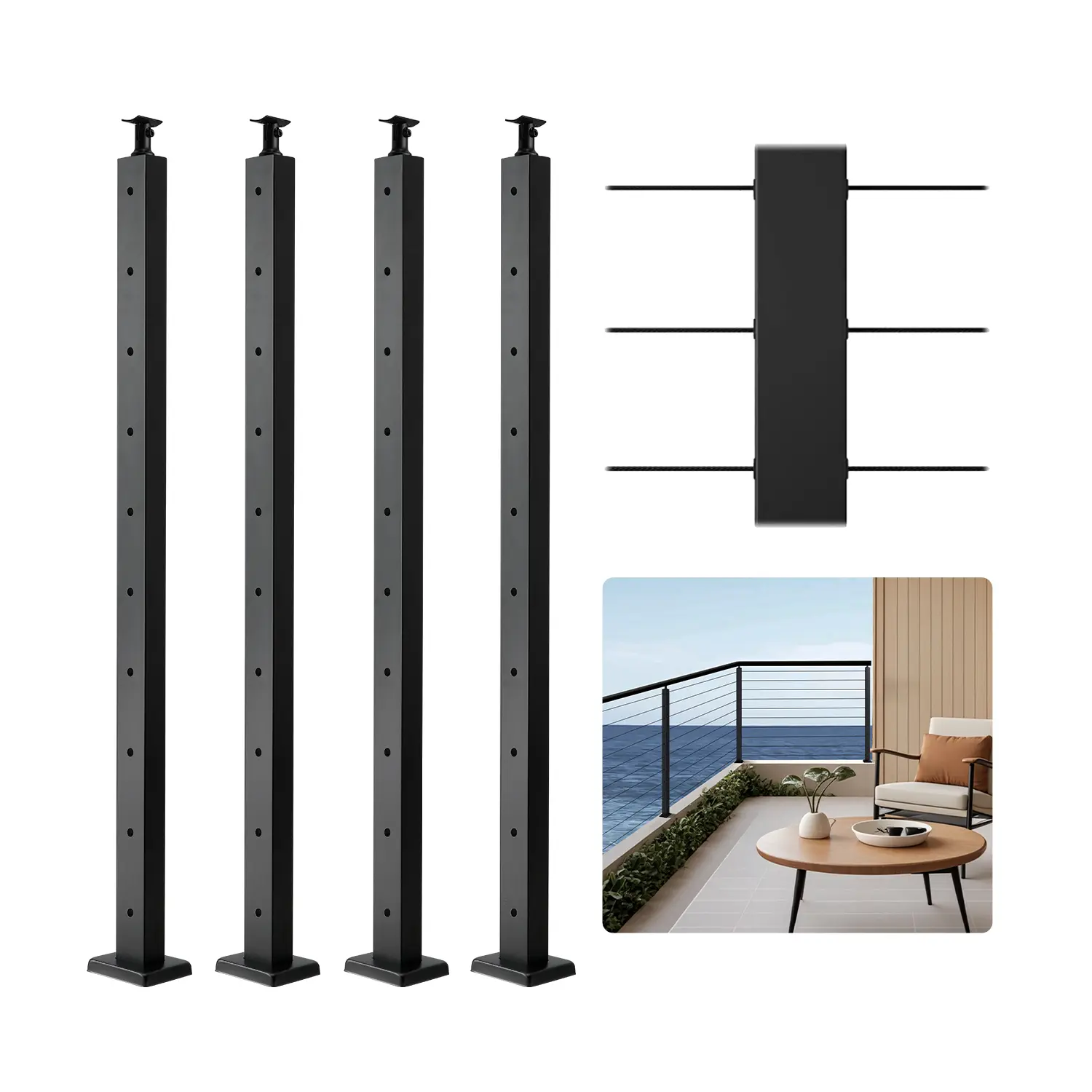 【Summerfinds】VEVOR 4-Pack Cable Railing Post,36x2x2 In Horizontal-Hole Deck Railing Post with Pre-Drilled HolesStainless Steel Cable Rail Post with Horizontal and Curved BracketBlack4JZLGZXHS914MY65M001V0
