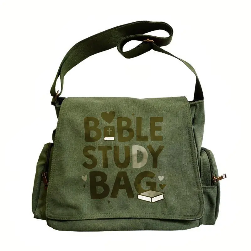 Women’s large-capacity shoulder bag with flap closure, vintage tote crossbody messenger bag featuring a Bible study pattern with hearts and lettering designs; suitable for everyday outings and religious activities; an excellent gift choice.