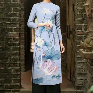 Set Traditional Vietnamese Swans with Lotus Lake Ao Dai Cach Tan - Bộ áo dài in 3D cách tân - Ready to ship - Square neck