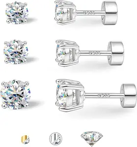 3 Pairs Moissanite Earrings Set for Women Men Dainty Flat Back Earrings Hypoallergenic Cartilage Piercing Jewelry Gifts Gaoport