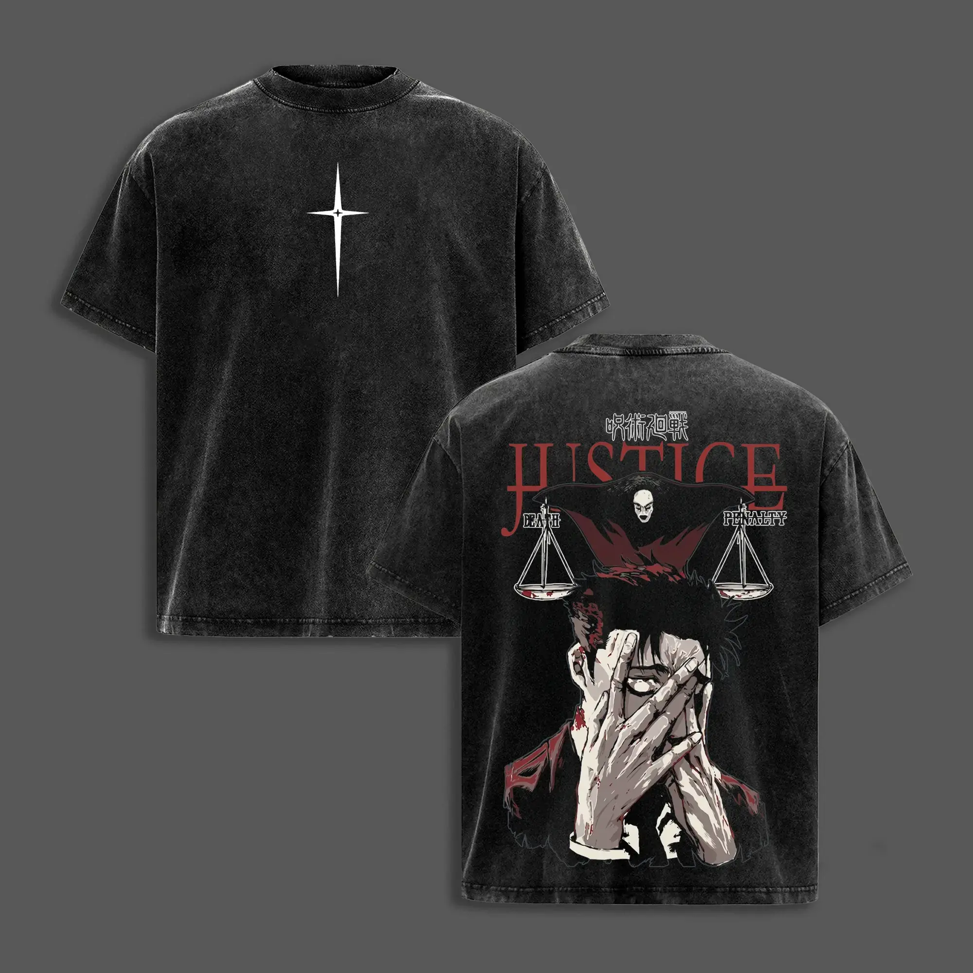 Vintage Wash Jujutsu Kaisen Graphic T-Shirt Oversized Anime Streetwear Tee Y2K Grunge Dark Aesthetic, Cotton Crewneck Tees, Graphic Tee Design