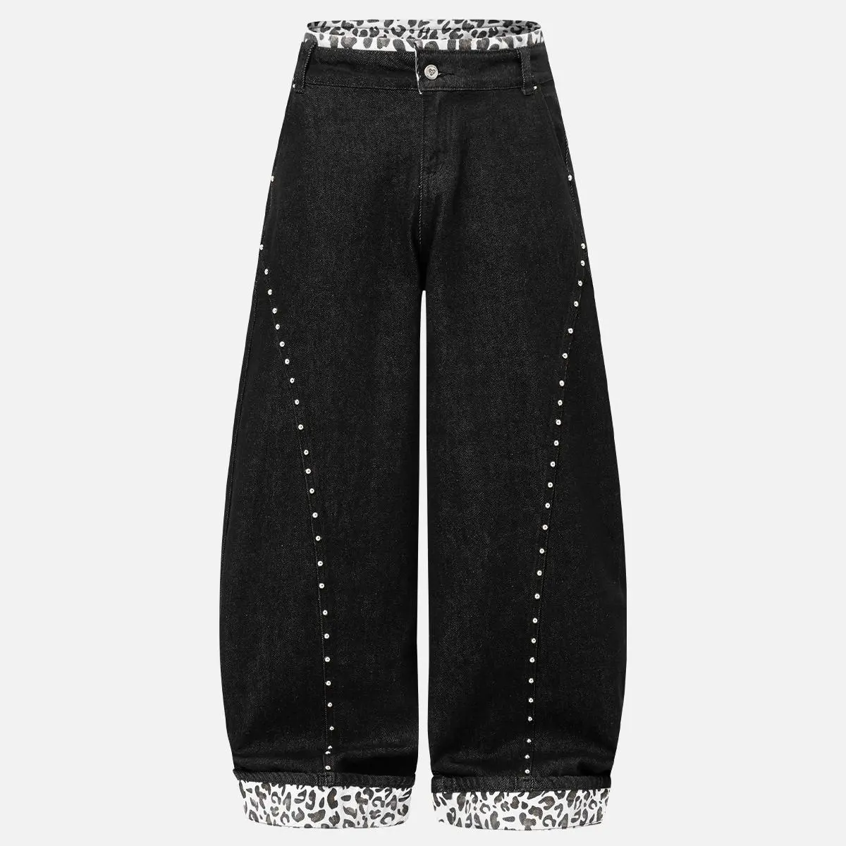 Aelfric Eden Menswear Aesthetic Vibe Leopard Print Studded Cuffed Wide Leg Jeans - Side Stud Embellishments, Leopard Print Paneling, Oversized Fit, Heavyweight Denim, Unisex Casual Streetwear Jeans