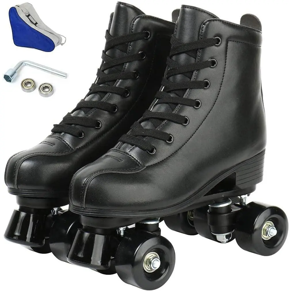 Leather Roller Skates - Premium Adjustable Four-Wheel Roller Skates for Women, Men, Boys, and Girls - Indoor and Outdoor