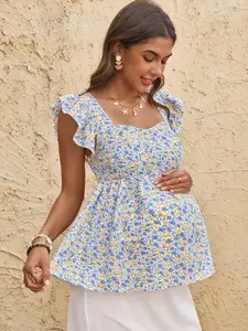 DAISY x Boho Mama Maternity Summer Ditsy Floral Print Romantic And Sweet Ruffled Sleeve Top On Vacation, Bohemian Style Floral Maternity Top Maternity Summer Outfit Pregnant Outfits Summer Maternity Sundress Maternity Sets Summer Maternity Top Summer Mate