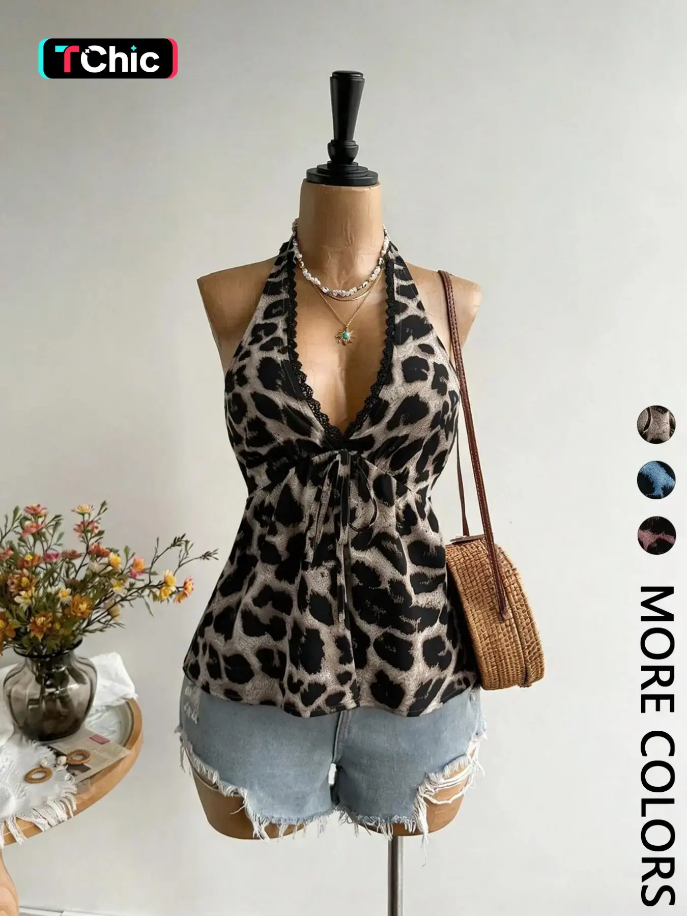 1 Piece Women's Halter Top, Leopard Print Trim V Neck Tie Front Sleeveless Babydoll Cami Top, Flowy Peplum Casual Blouse, Figure Flattering for Daily Wear Vacation Brunch Going Out Streetwear