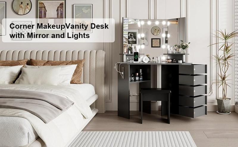 【GARVEE】Corner Makeup Vanity Desk with Lights & Power Outlet - Spacious Tri-Folding Mirror, Adjustable Brightness, 5 Rotating Drawers, Ample Storage, Stool Included