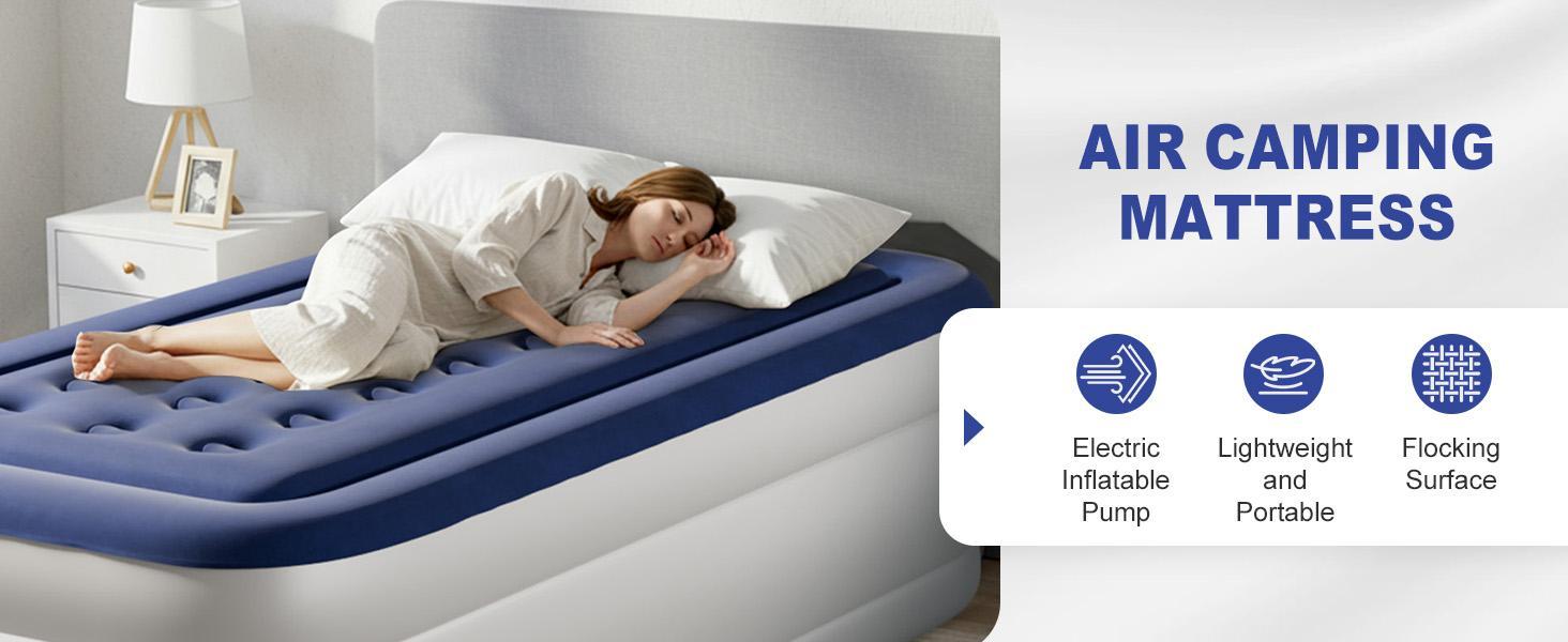 18 Inch Single Inflatable Mattress with Built-in Pump, Elevated Comfort Air Mattress, Dual Chamber Airbed, 2 Minute Fast Inflate/Deflate Air Mattress for Family Guest Camping, Blue&White