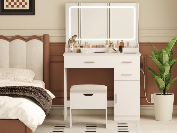 Lifewit 35.4'' White Vanity Set with Mirror & Lights, Adjustable Brightness, 3 Drawers, 1 Cabinet, USB Ports - Gift for Girl Daughter, Mothers Day Gifts