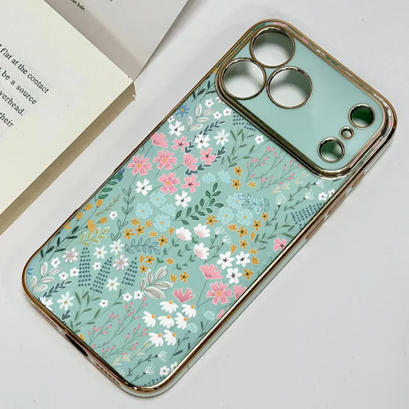 Mint Green Wildflower Smartphone Case - Luxury Plating Camera Frame, Shockproof Casing for iPhone 17/16/15/14/13/12/11 Handheld Cellphone Devices, Accessories