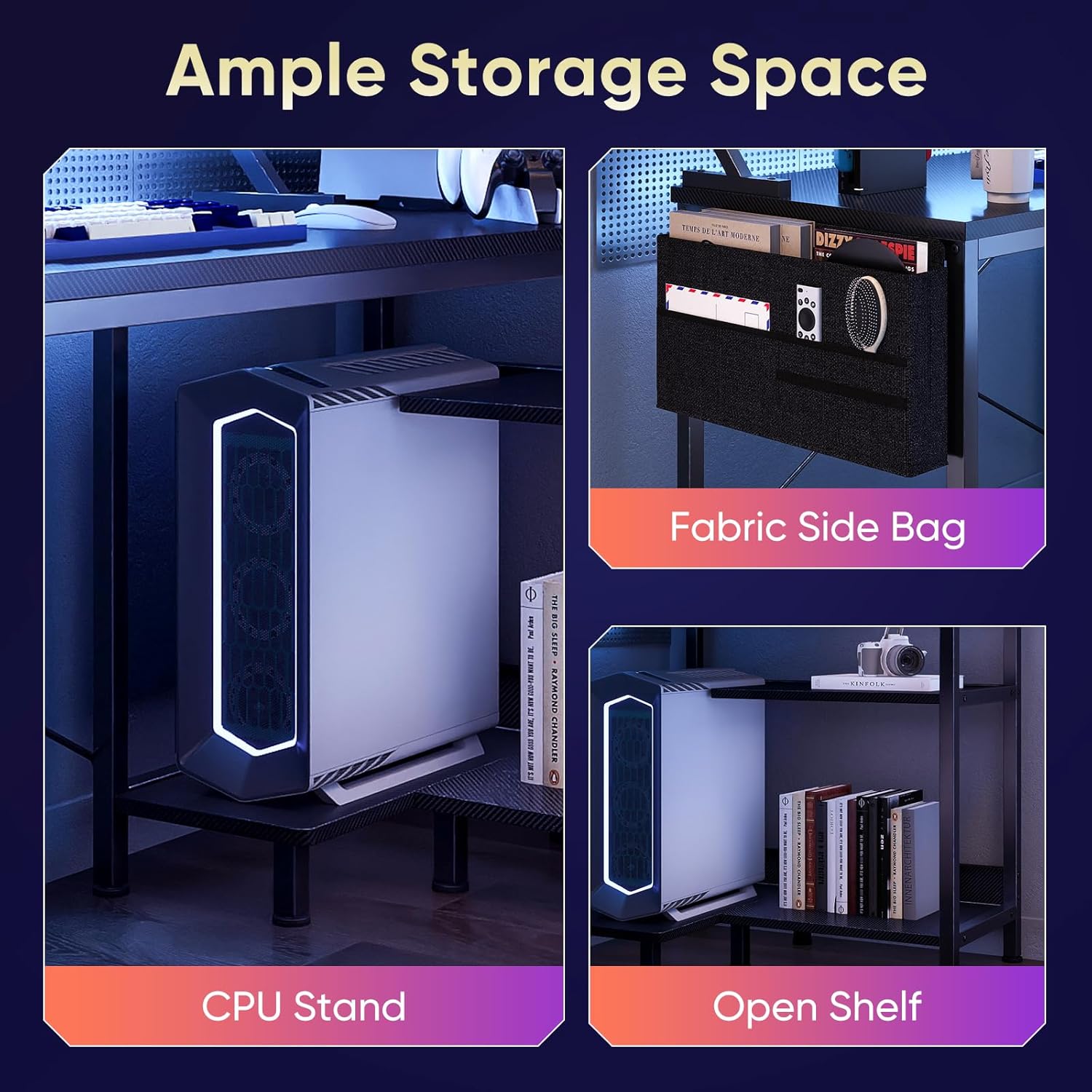 48" Reversible L-Shaped Gaming Desk with LED Lights, USB/Type-C Charging & Power Outlets, Computer Corner Desk with Storage Shelves & Monitor Stand for Gaming Room & Home Office