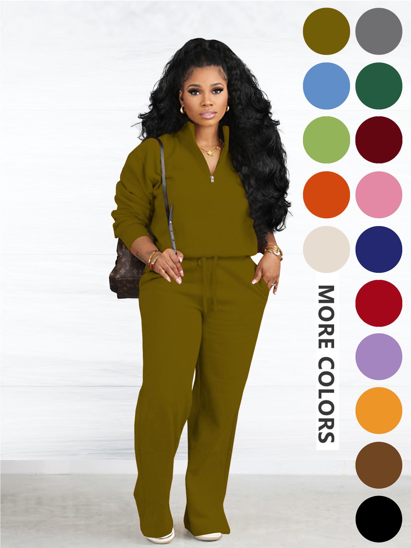 Women's Two-piece Set Solid Zip Up Funnel Neck Sweatshirt & Drawstring Waist Pants Casual Fall Winter Workout Sets Cozy Drop Shoulder Long Sleeve Top Pocket Trousers for Daily Outdoor Wear