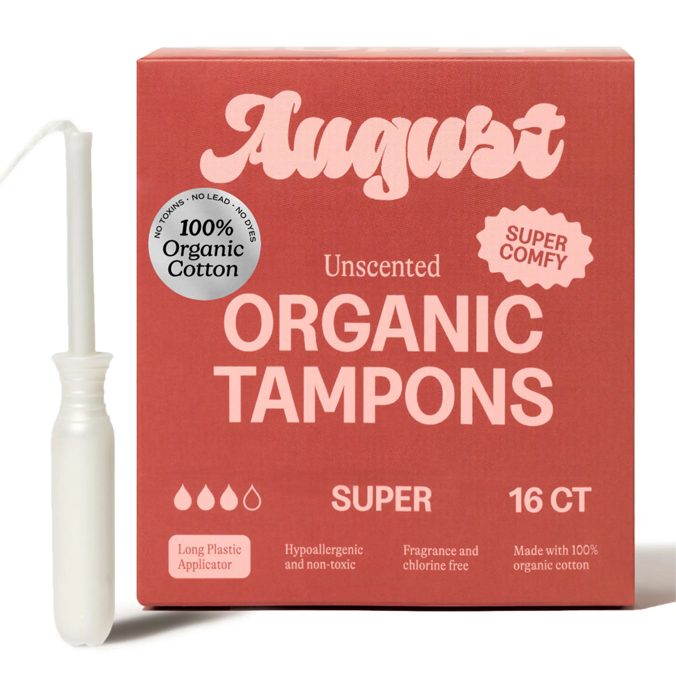 August Super Tampon Zero-Feel Organic Cotton Hypoallergenic & Unscented 16 Count Long BPA-Free Plastic Applicator