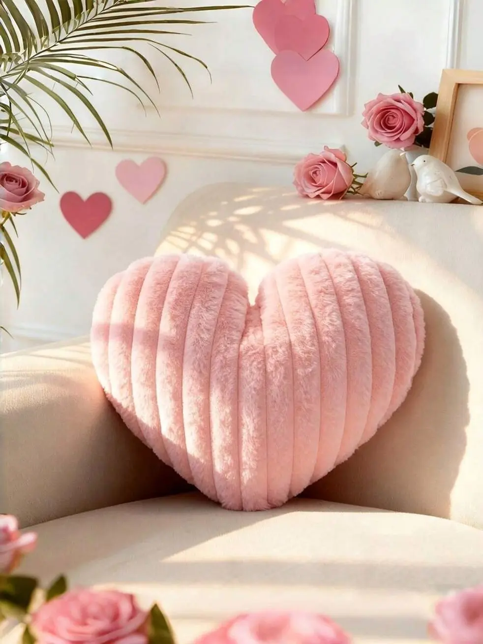 Valentine Heart Pillow, Red Fluffy Faux Fur Heart Shaped Cushion, Cute Romantic Throw Pillow for Couch Chair Bed Bedroom Home Decor Gift