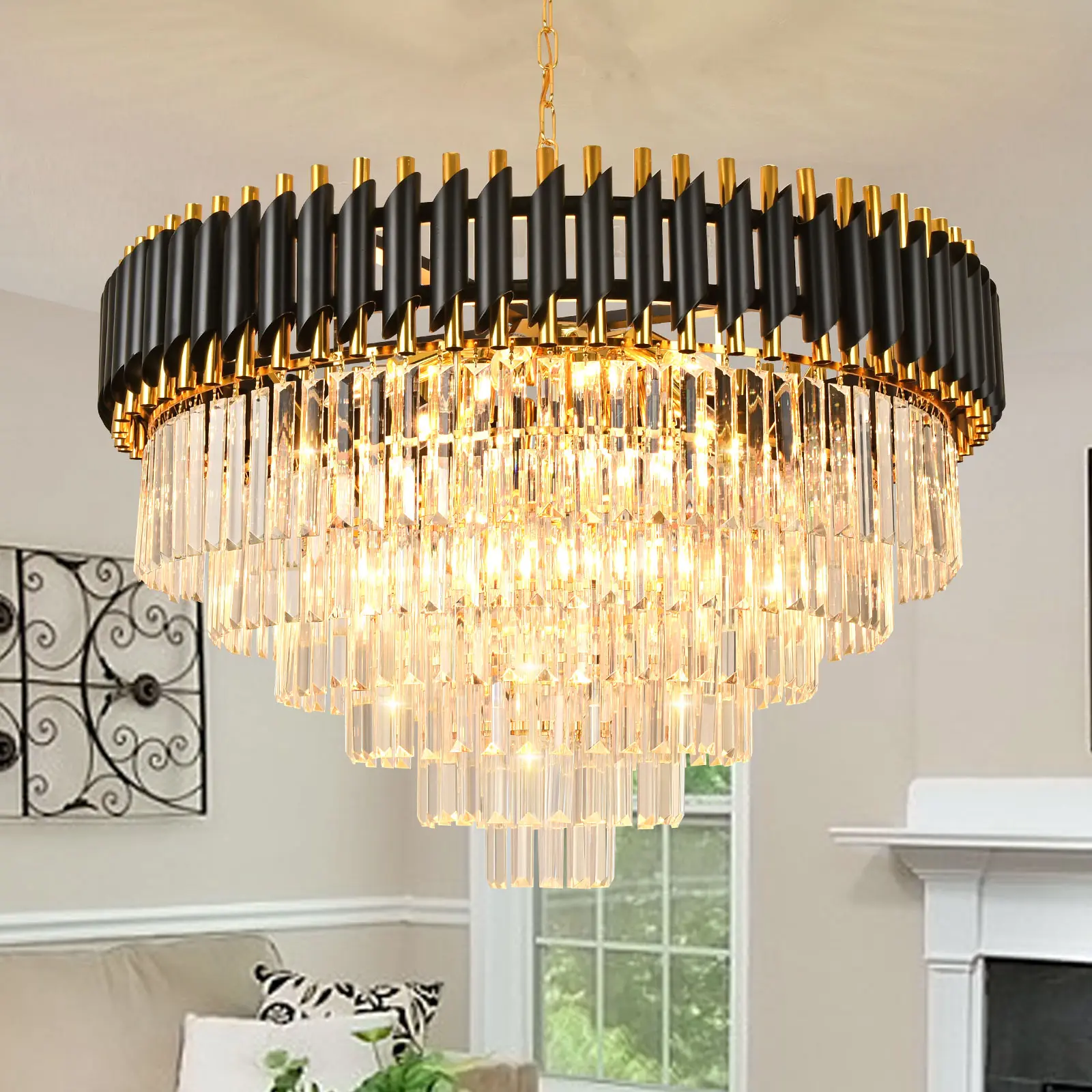 Modern Black & Gold Tiered Crystal Chandeliers, 29.5" Round Iron Frame Ceiling Pendant Light for Living Room Dining Room Foyer