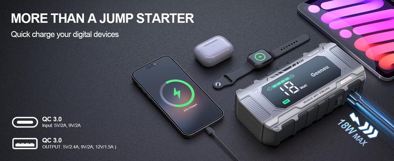 Car Jump Starter Power Pack 10000A Peak with PD 18W Fast Charging, Battery Jumper Starter Portable 12V Car Battery Charger Jump Box Booster Pack (All Gas/10L Diesel),Large Screen,150W DC, Lights