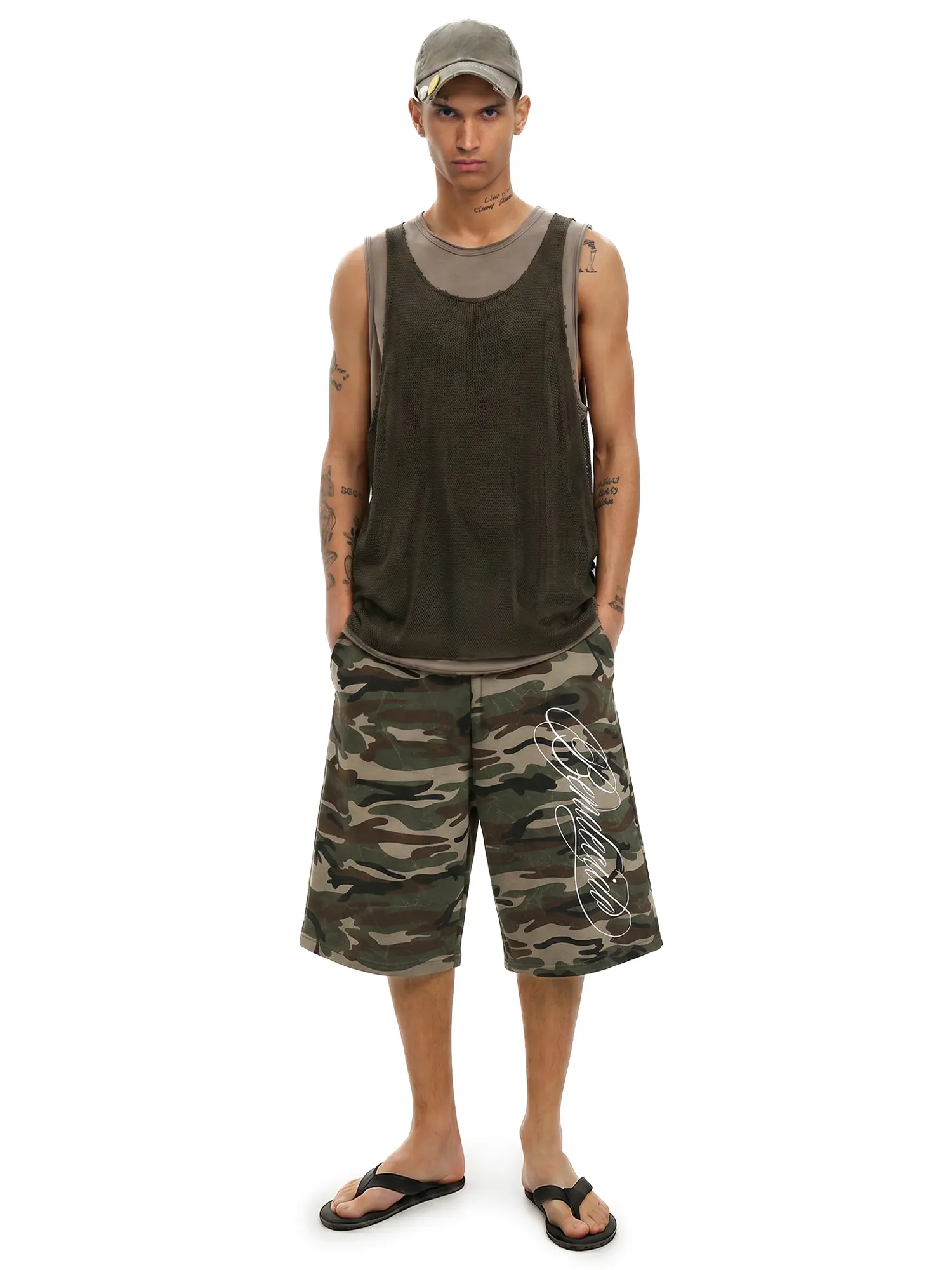 FDR Unisex Embroidered Camo Print Baggy Jorts, Vintage 3/4 Length Wide Leg Shorts, Low Waist Handwritten Graphic, Relaxed Loose Fit Streetwear Bottom for Everyday Wear, Travel and Skate Style