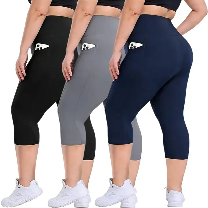 Women's 3-Pack Plus Size High Waisted Compression Shapewear Leggings with Pocket Detail - Tummy Control, Soft Spandex, Athletic Bottoms, Gym Fitness Sportswear Activewear, Black Workout Pants