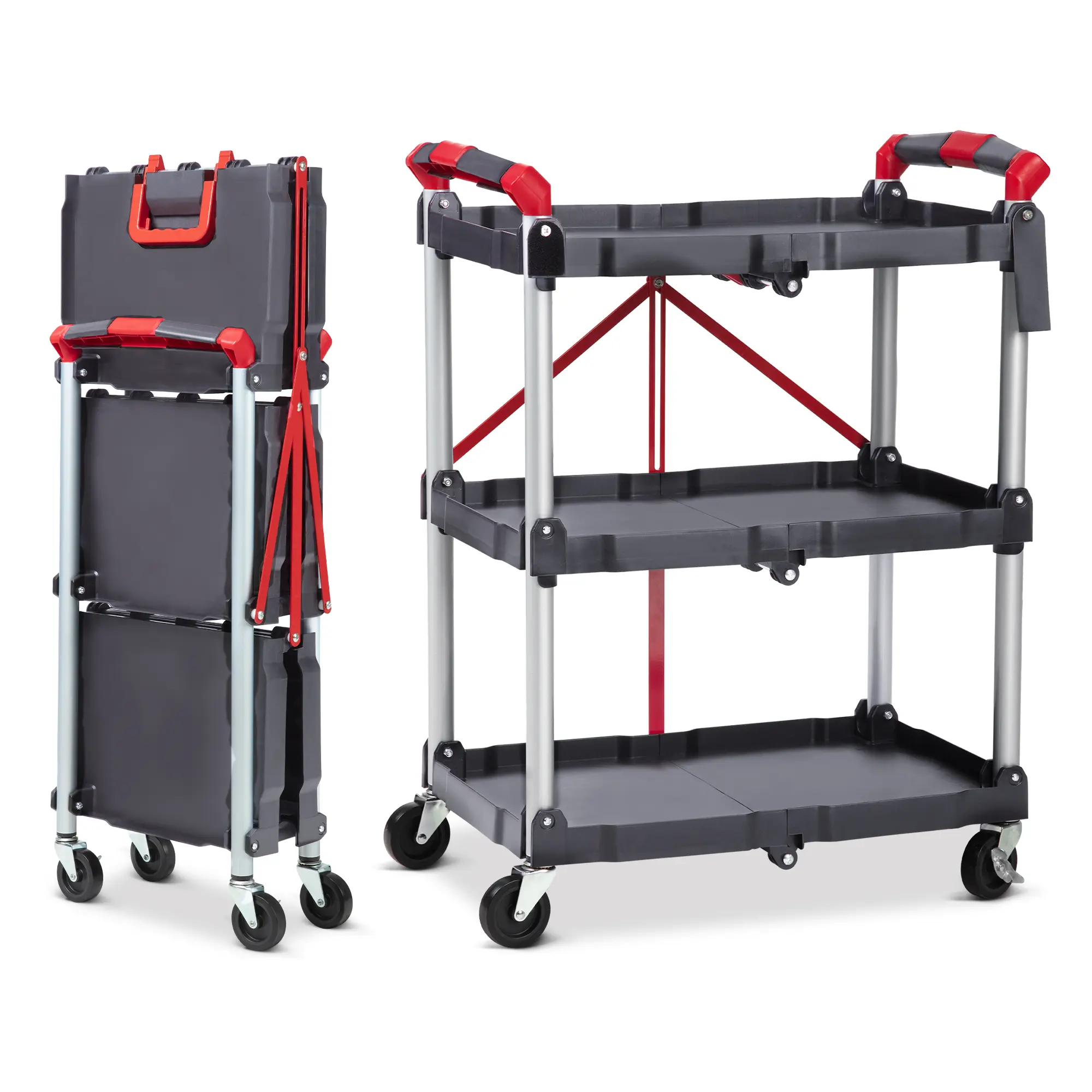 3-Tier Folding Utility Cart for Office & Home – Portable Collapsible Service Cart, 150 lbs Capacity, 360° Rotating Lockable Wheels, No Assembly, Multi-Purpose Rolling Organizer