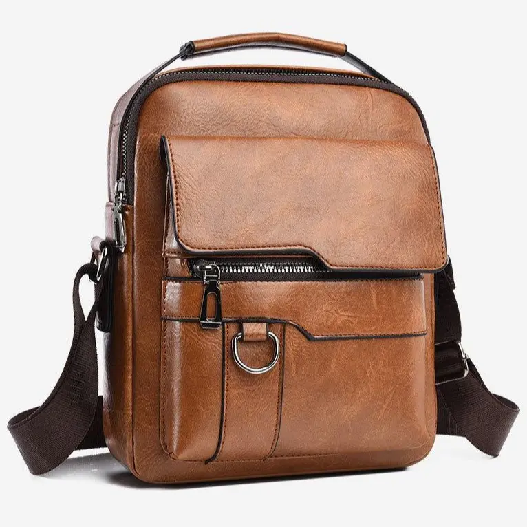 Men's Retro Look PU Leather Crossbody Messenger Bag - Casual, Waterproof, Large Capacity, Multi-Pockets, Adjustable Shoulder Strap, Top Handle, Men's Accessories, Commuter, Business Use, Holiday Gift