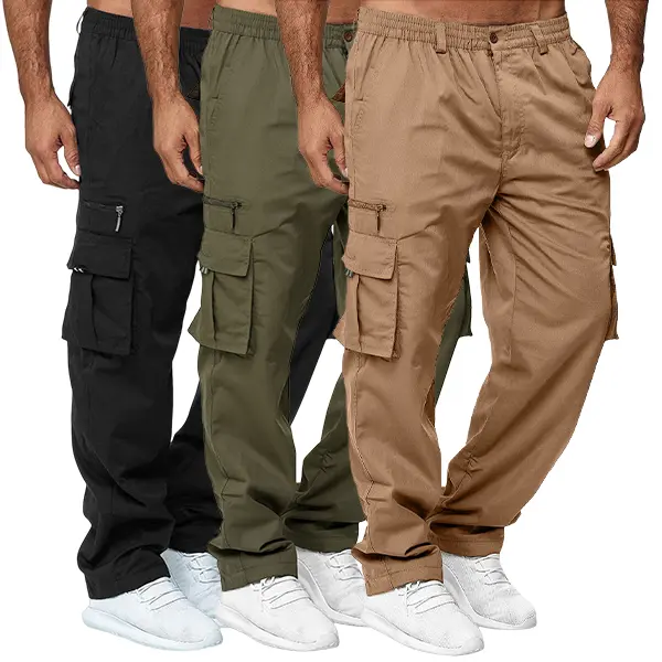 Men’s 3-pack cargo pants with multiple zippered pockets, elastic waistband and button front closure, loose straight cut made from lightweight fabric—suitable for outdoor work, hiking, and everyday wear.