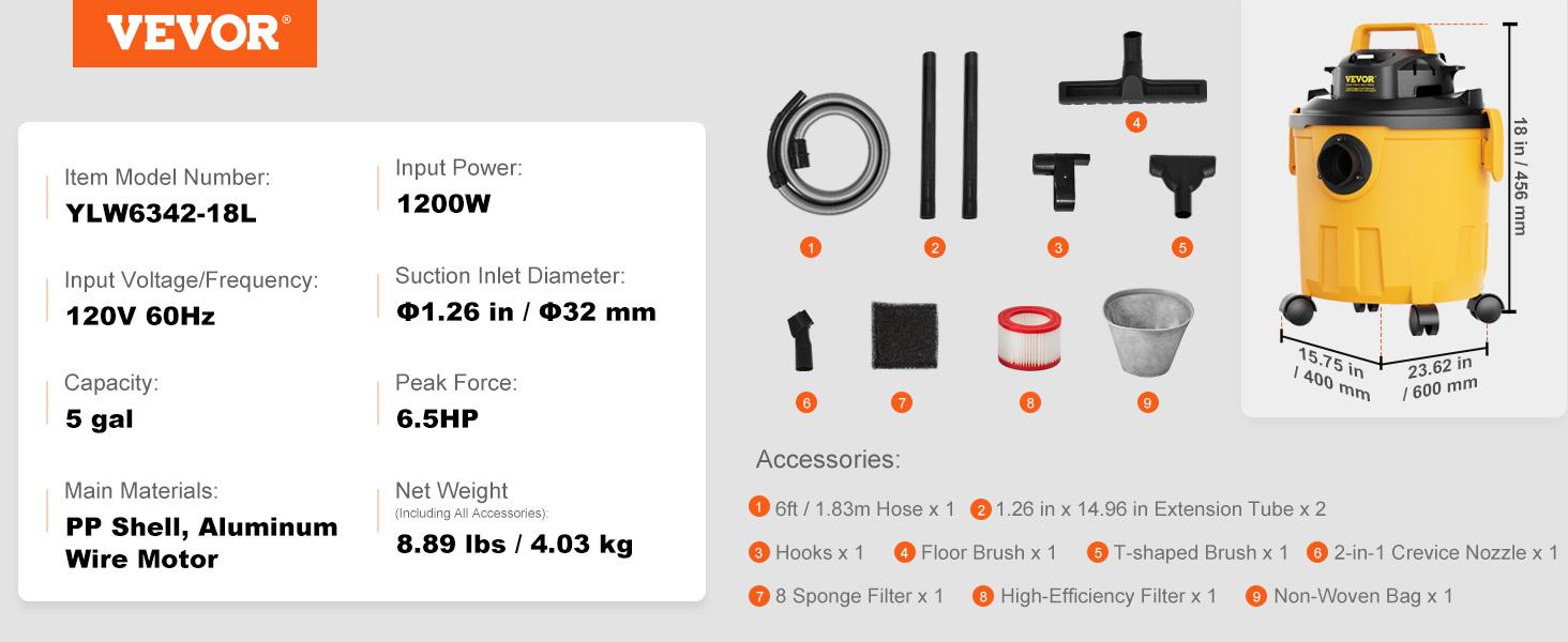 VEVOR Wet Dry Vac, 2.6 Gallon, 2.5 Peak HP, 3 in 1 Portable Shop Vacuum with Blowing Function, Attachments Storage, Perfect for Cleaning Floor, Upholstery, Gap, Car, Black/Yellow, ETL Listed