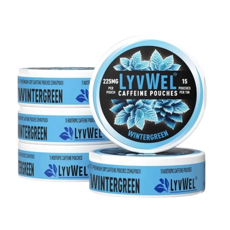 5 Pack WINTERGREEN ENERGY 225mg caffeine per pouch.15 pouches per Jar. Sport Beverage Drink Sugar-Free Energy Drink healthy