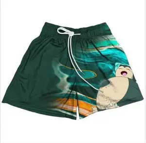 Sleeping Snorlax Anime Shorts Green Unisex Sports Double-Layered Inner Shorts Full Print Drawstring Design Men Women Mesh Basketball Shorts 4 Pockets 5.5 Inseam