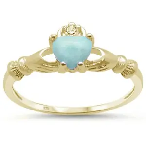 Natural Larimar Stone Heart Claddagh Ring - Gold Plated 925 Sterling Silver