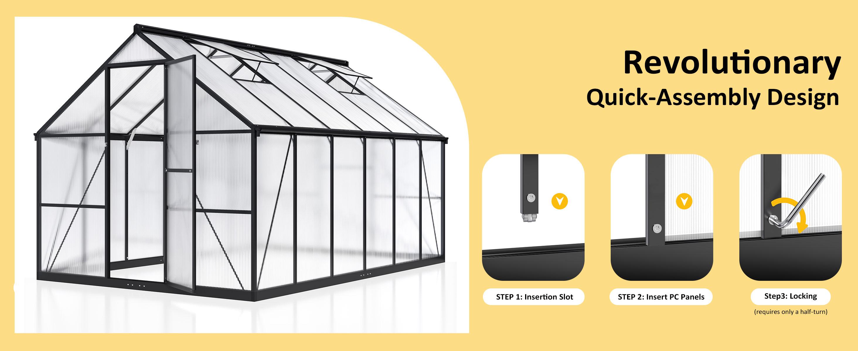 Outdoor Greenhouse, Polycarbonate Greenhouse Featuring a Quick Assembly Structure and Roof Ventilation, Aluminum Walk-In Greenhouse for Garden Backyard Use