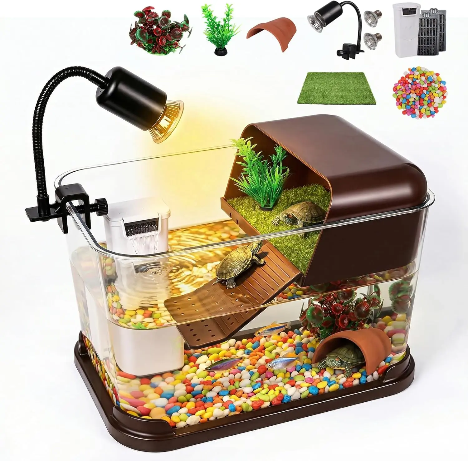 Turtle Tank Starter Kit, All-in-1 Aquatic Turtle Aquarium Habitat for Baby Tortoises - Complete Enclosure with Basking Platform, UVB Lamp, Filter, Plants, Rocks, Climbing Ramp, Hideout