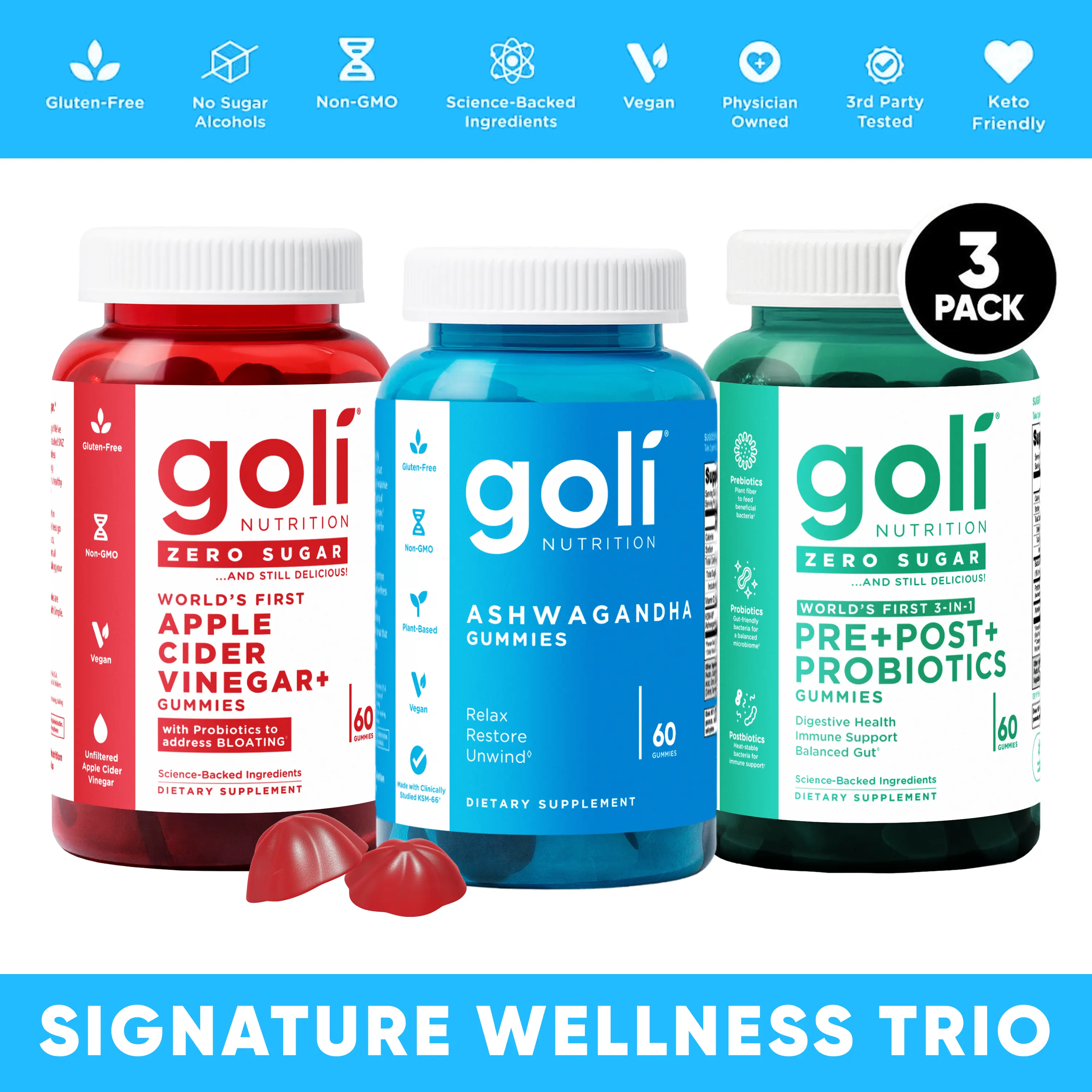 Signature wellness Bundle - Ashwagandha & Zero Sugar Apple Cider Vinegar & Zero Sugar Pre Post Probiotic - Vegan, Plant Based, Non-GMO, Gluten-Free & Gelatin Free.