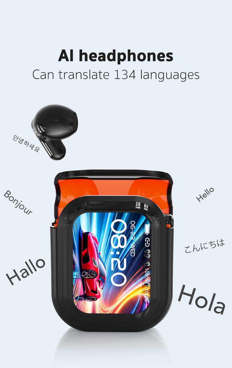 ”Khaby Lame“hTC NE20 AI Translation Wireless Earbuds,Translator 134 Languages Bluetooth Headphones,LCD Full Color Display Screen Charging Case Ear Buds with MIC