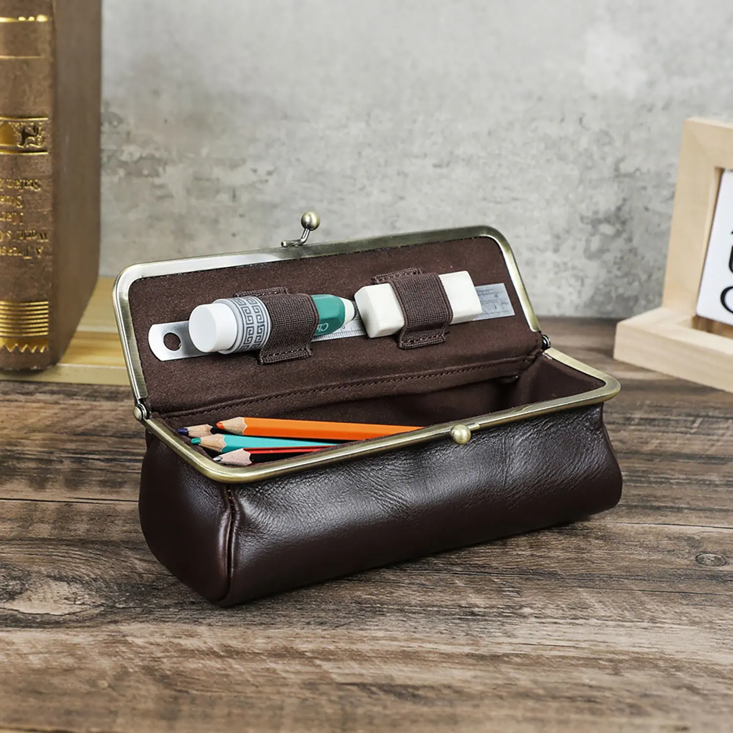 Handmade Vintage Clip Bag Pen Case, Large Capacity Layered Storage, Coffee Color, Durable and Stylish for Students and Office Use