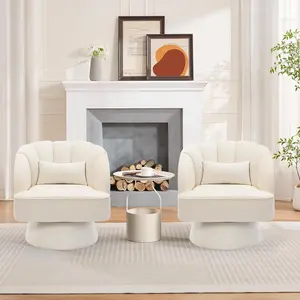 Set of 2 Modern Velvet Swivel Barrel Chairs, 360° Rotating Lounge Armchairs with Striped Backrest and Soft Cushion, Comfy Accent Chairs for Living Room, Bedroom, or Reading Nook, Beige