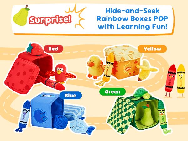 JoyCat Color Sorting Sensory Toys for Kids, Baby Montessori Toys, 12 PCS Push with 4 Boxes, Animal Fruit Crinkle Crayon Toys, Boy Girl Gift, Play Food