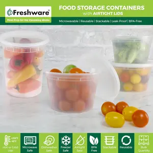 Freshware 48-Pack Plastic Deli Food Storage Containers with Lids - 16 oz & 32 oz Airtight Snack Containers, Weekly Meal Prep, Leakproof, BPA-Free, Microwave-Safe, Freezer-Safe, Stackable, Reusable Kitchenware