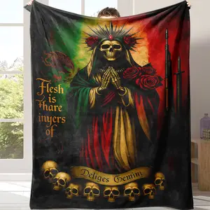 Mexican Santa Muerte Flannel Blanket, Grim Reaper & Roses Gothic Art Print Pattern, Suitable for Living Room, or Unique Spiritual Gift,Print Blanket Suitable for all four seasons This is the best gift for couples, children, parents and friends