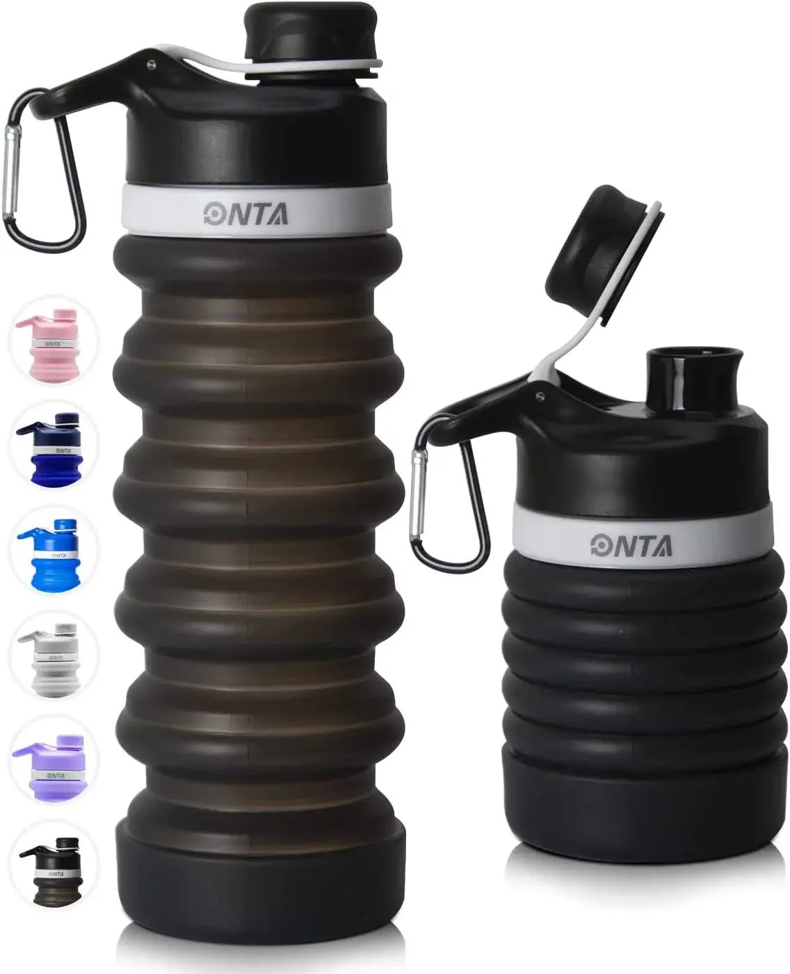 ONTA Collapsible Water Bottle- BPA Free Silicone Foldable Water Bottle for Travel,Silicone Portable Leak-Proof Travel Water Bottle 20Oz, Black