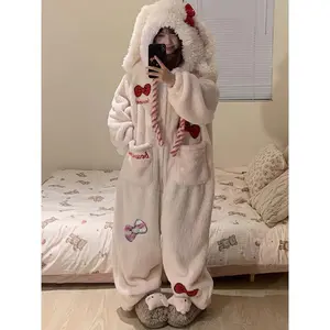 Adorable Bow Hooded Onesie Pajamas, Long Sleeve Zip-Up Cosplay Party Sleepwear with Thickened Fleece for Warmth and Wearable Hoodie, Suitable Carnival Halloween Music Festival Costume Ball Can be used with raincoat