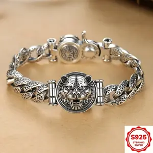S925 Sterling Silver 3D Tiger Head Bracelet | Rotating Lucky Clasp & Vintage Engraved Chain | Ideal Gift for Power & Style Lovers