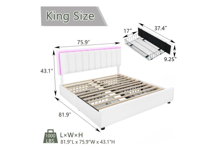 HOMBCK Bed Frame with Drawers and LED Lights, Mattress not included, Faux Leather Headboard, No Box Spring Needed, Easy Assembly