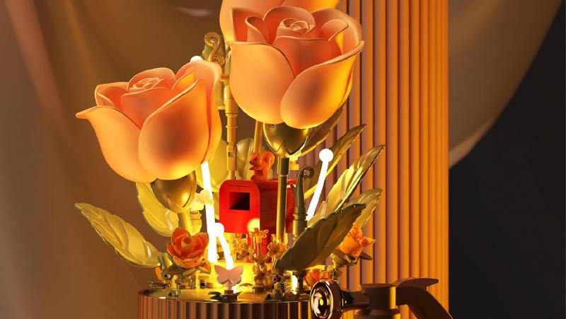 Dynamic Interactive Building Block Flower One Click Blooming Ambient Night Light Educational Assembly Desktop Ornament Perfect Gift(Building block style, requires assembly)