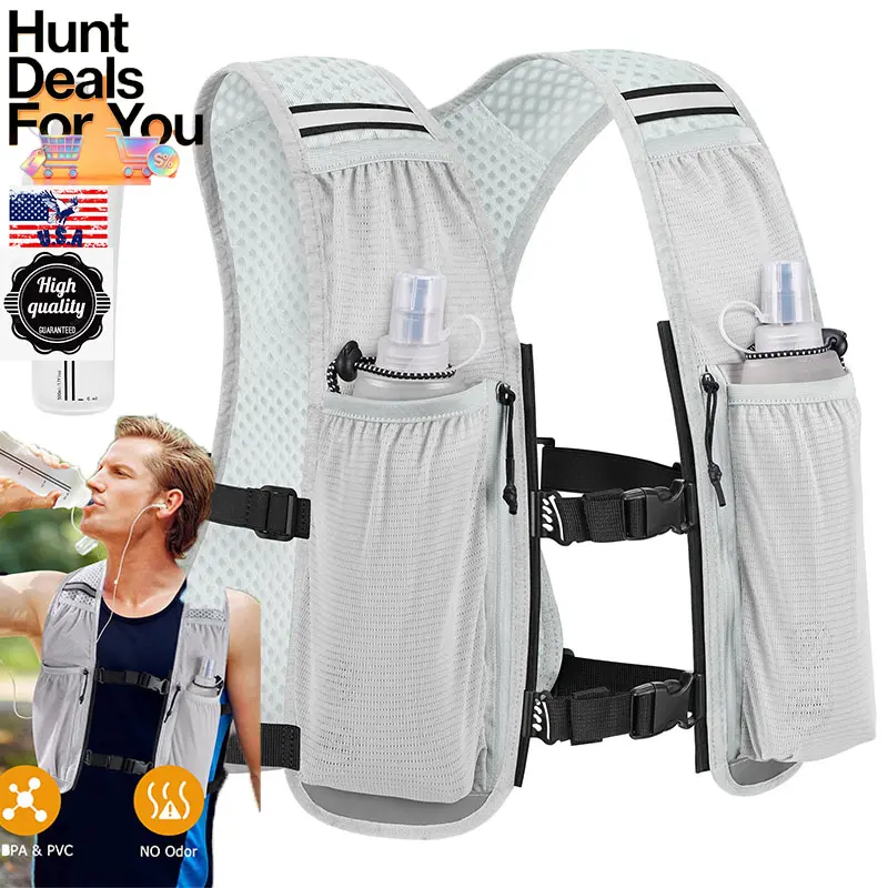 Unisex Lightweight Running Vest with Dual 500ML Foldable Soft Flasks, Adjustable Reflective Water Backpack, Phone Holder, Mesh Fabric, Bite Valve for Marathon Run, Hiking, Grey, Foldable Bottles