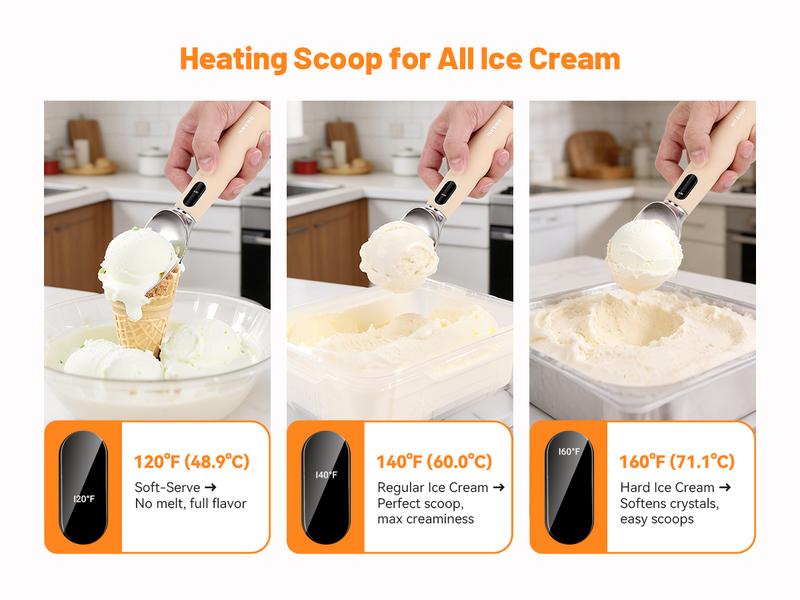 INKBIRD Heated Ice Cream Scoop Rechargeable Battery Electric Scooper Stainless Steel Waterproof LED Display Durable Kitchen Utensils for Hard Ice Cream